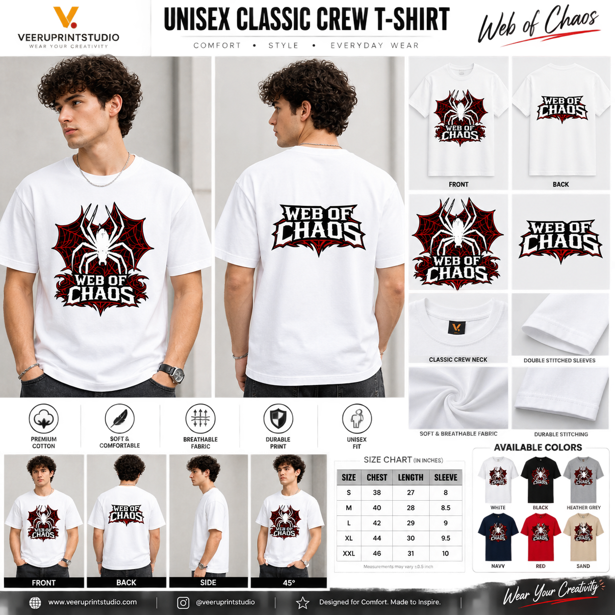 Unisex Classic Crew T-Shirt , Web of Chaos Spider Graphic Tee, VeeruPrintStudio