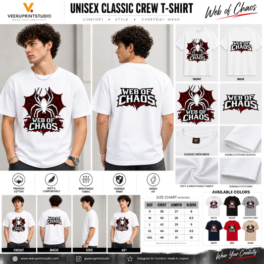 Unisex Classic Crew T-Shirt , Web of Chaos Spider Graphic Tee, VeeruPrintStudio