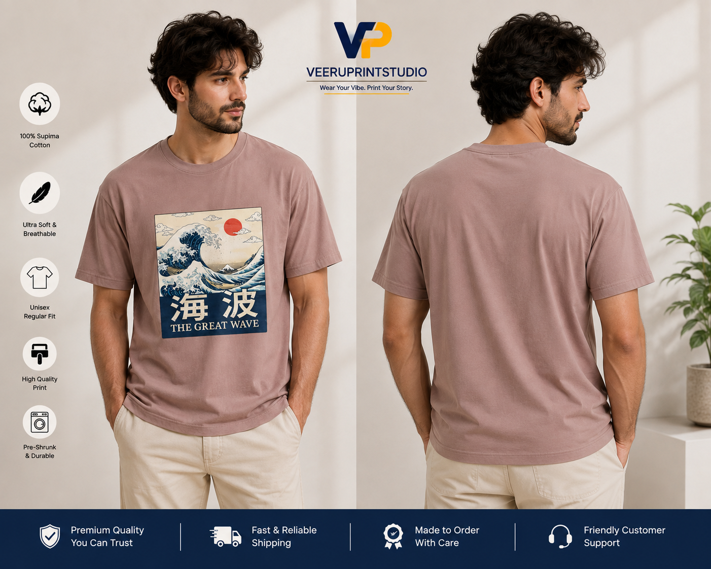 The Great Wave Japanese Art Unisex Classic Crew T-Shirt , Vintage Ukiyo-e Graphic Tee