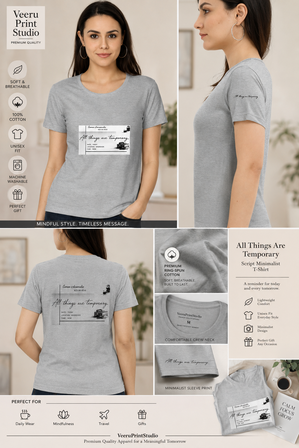 Women's Classic T-Shirt , All Things Are Temporary Graphic Tee, Minimalist Script Typography Shirt, Inspirational Cotton T-Shirt ,Aesthetic Gift for Her